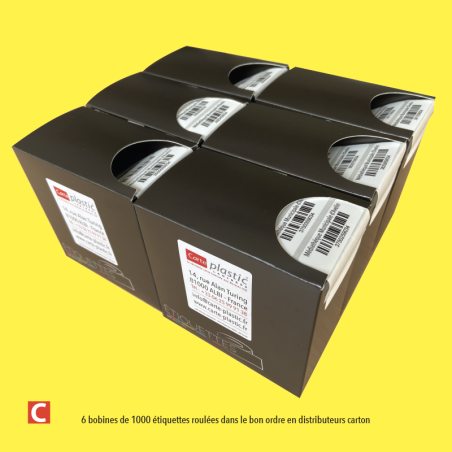 Boîte carton dévidoir de 1000 étiquettes roulées dans le bon ordre