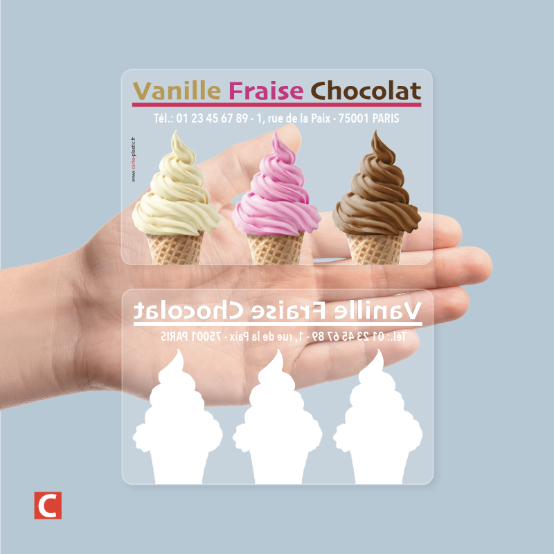 PVC Transparent 380µ, Lamination mate, Quadrichromie + Blanc de soutien partiel, BRONZE à chaud