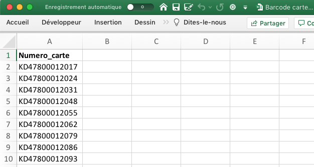 Exemple d'un fichier CSV, TXT ou Excel pour préparer les Codes à barres