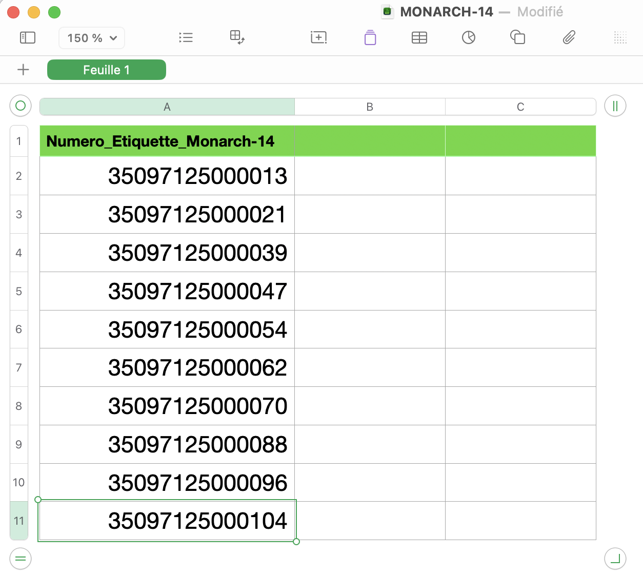 Exemple d'un fichier CSV, TXT ou Excel pour préparer les Codes à barres
